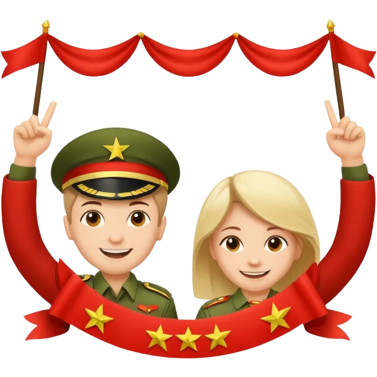 Happy Victory day। A banner is standing with a boy on one side and a girl on the other. emoji