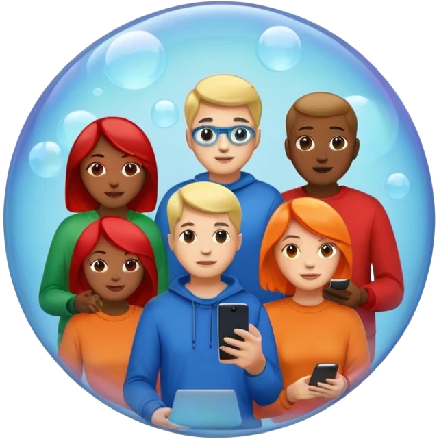 Multiple people inside colorful transparent bubbles (blue, red, orange, green), each using a smartphone or laptop. The people are in casual clothing, and the background is a simple cityscape with soft lighting. Emoji-style, clean and modern design. emoji
