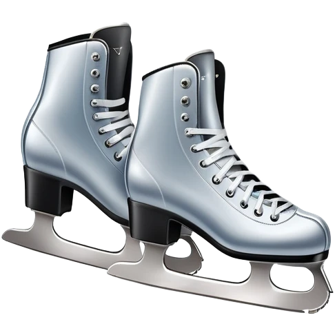 An icon featuring a pair of elegant figure skates resting on scratched ice in the center of an ice stage. The background shows distant spectator stands, with soft spotlights highlighting the skates. Transparent background emphasizes the quiet beauty of the scene. emoji