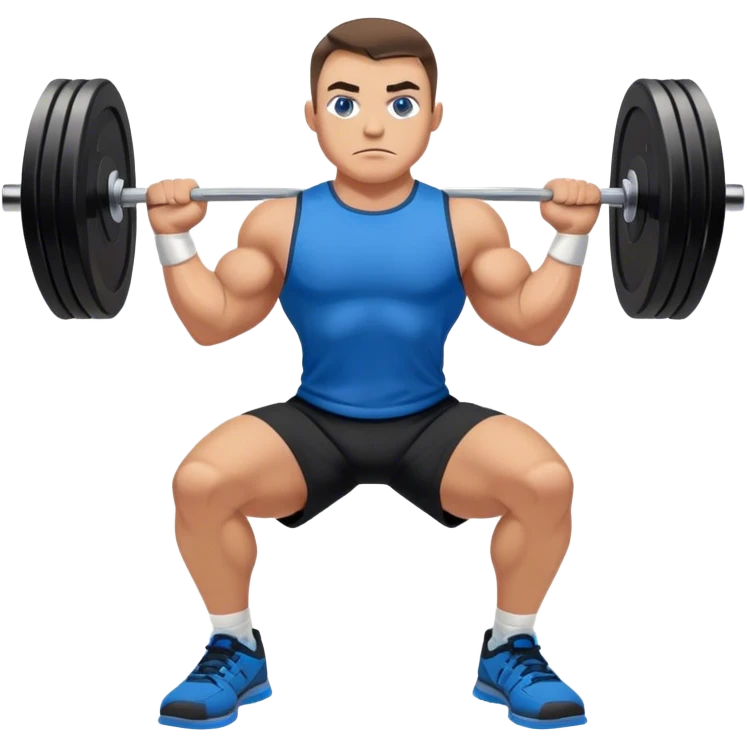 tanned powerlifter grey eyes black shorts black t shirt blue shoes barbell squats emoji