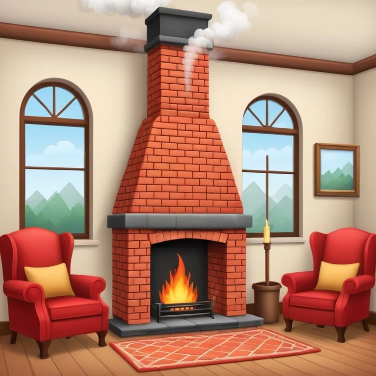 cozy red brick fireplace with a tall chimney and smoke rising from the chimney emoji