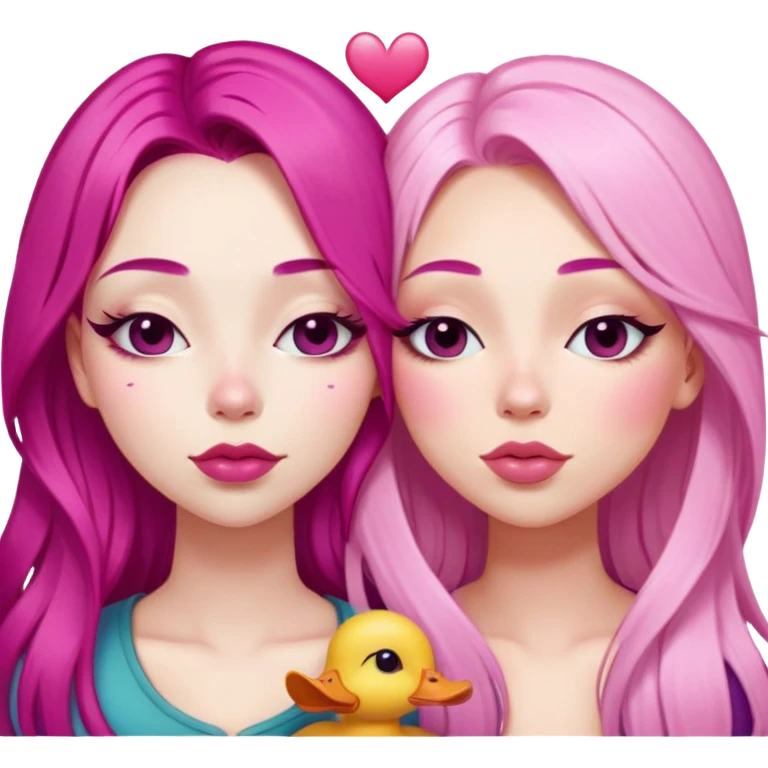 gorgeous pale girl with long magenta pink hair latina makeup next to a gorgeous blonde girl with a light pink heart above them in between eyes closed making duck lips faces emoji