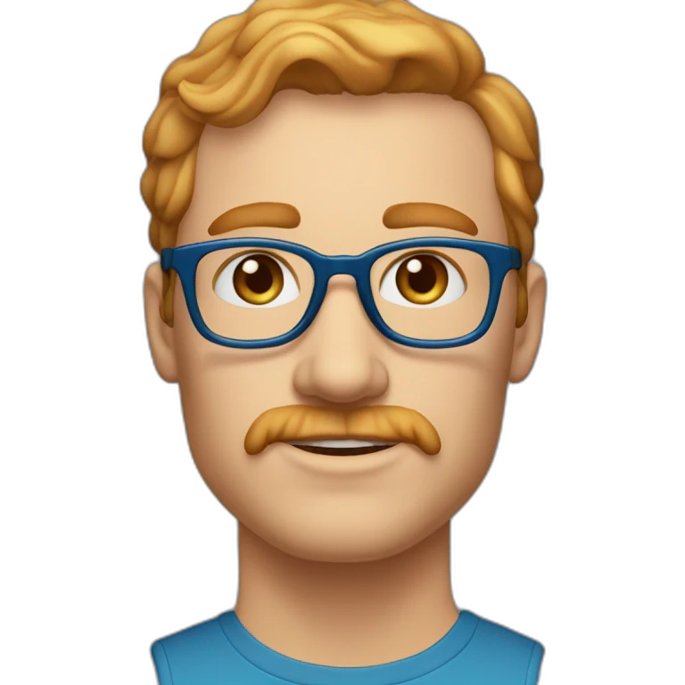 35 year old man with strawberry blond hair, clean shaved chin with moustasche, blue eyes and round tortoise-shell glasses emoji