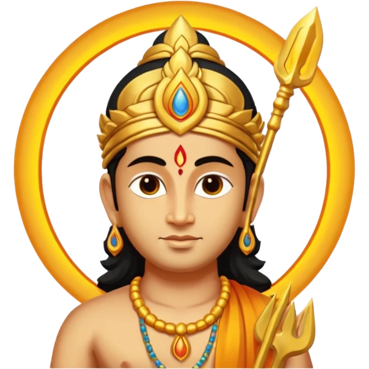 A minimal, divine emoji-style illustration of Lord Murugan, serene face, glowing vel (spear) symbol, bright golden aura, vibrant colors, simple rounded emoji design, high clarity, spiritual and peaceful expression, white background. emoji