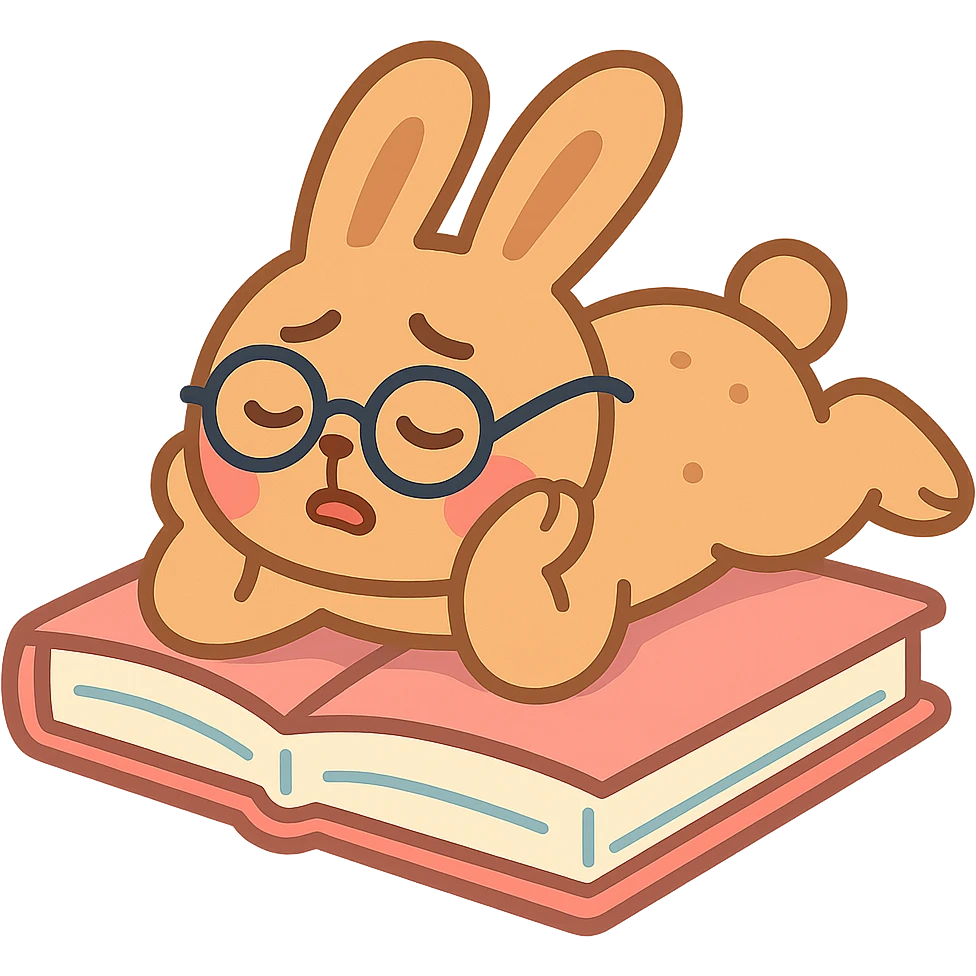 full-body biscuit bunny lying on a book with slipping glasses, pastel-toon style emoji