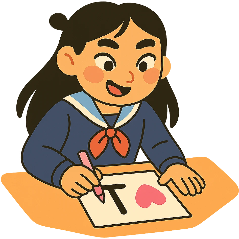 Kazakh girl in Korean school uniform, drawing a T with a heart on paper in pastel toon style emoji