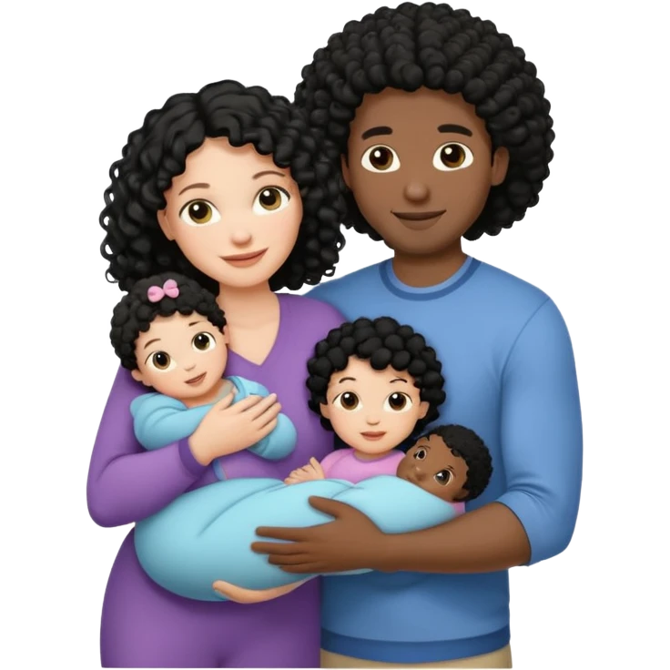 family: white woman curly black hair, black man with short black frizz hair, one 2 y o daughter , and a newborn in the and of the mother emoji