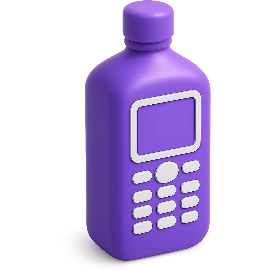 realistic purple bottle that looks like a real mobile phone, with screen and buttons, 3D style, no text emoji