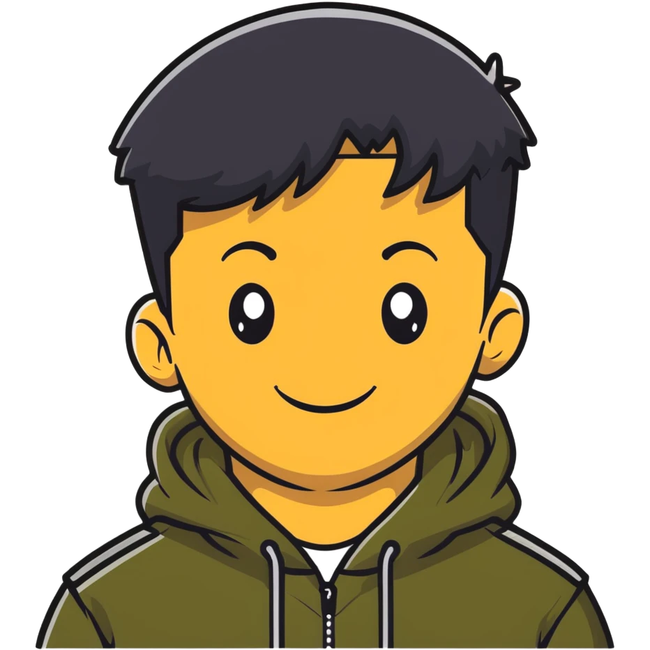 man with smiley face, black hair military cut, brown eyes, wearing 2 circle earrings and a black hoodie emoji