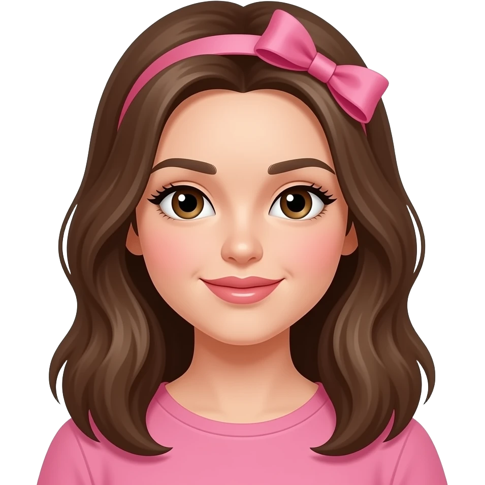 Niña de pelo castaño con lazo rosa blanca de piel ojos marrones colorete en las mejillas y glos en los labios y que arriba en rosa emoji