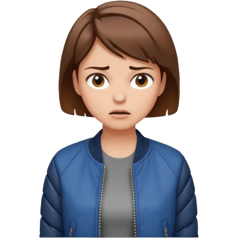 a woman with a brown short hair, looking at the left, frustrated, wearing a trendy jacket, only upper body, high quality emoji