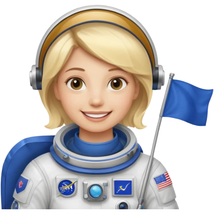blonde female stronaut holding blue flag emoji