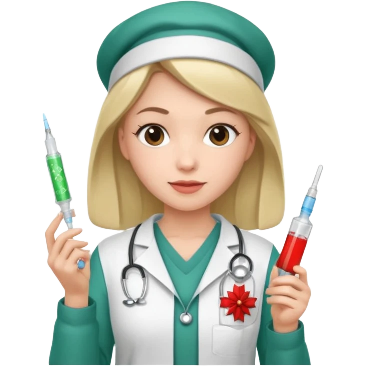 nurse wearing a christmas pullover and holding a a sting emoji