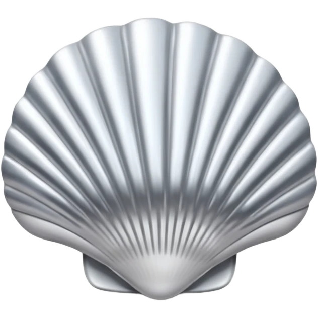 A seashell emoji made of polished silver chrome, smooth curved surface, reflective metallic highlights, elegant minimal design, iOS emoji style, centered, clean white background, soft lighting emoji