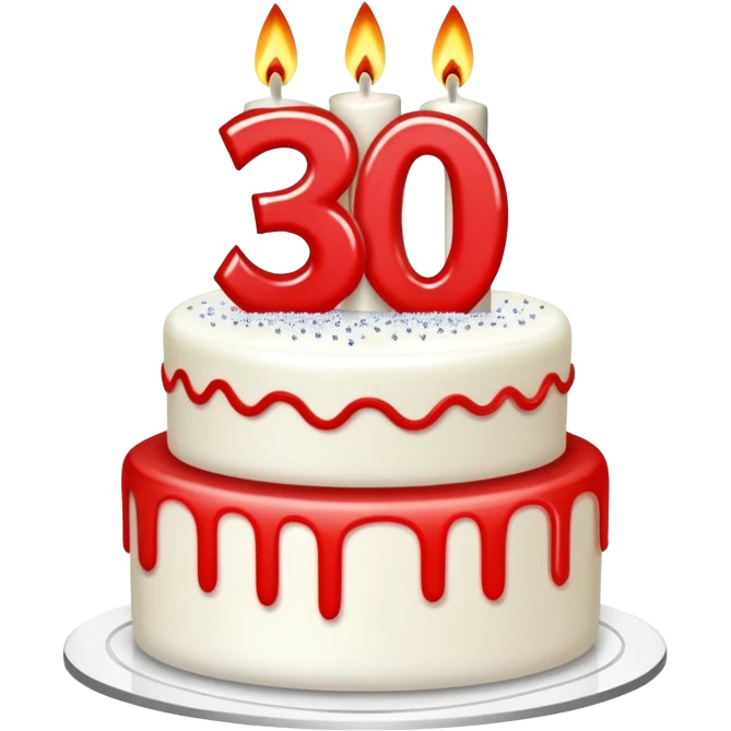 cake with red edges, white cream, glitter on top and two long, thin candles with the number 30 written on them emoji