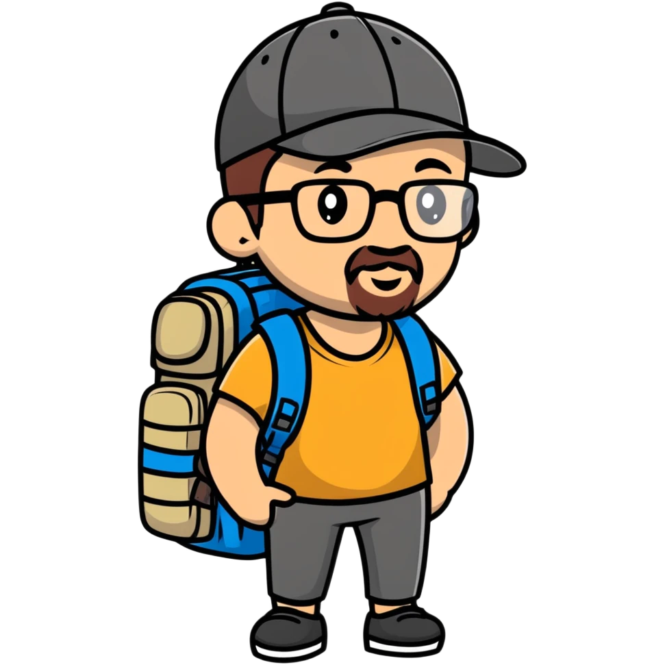 adventurer with goatee beard (no beard on cheeks), short hair, glasses, backwards baseball cap and backpack emoji