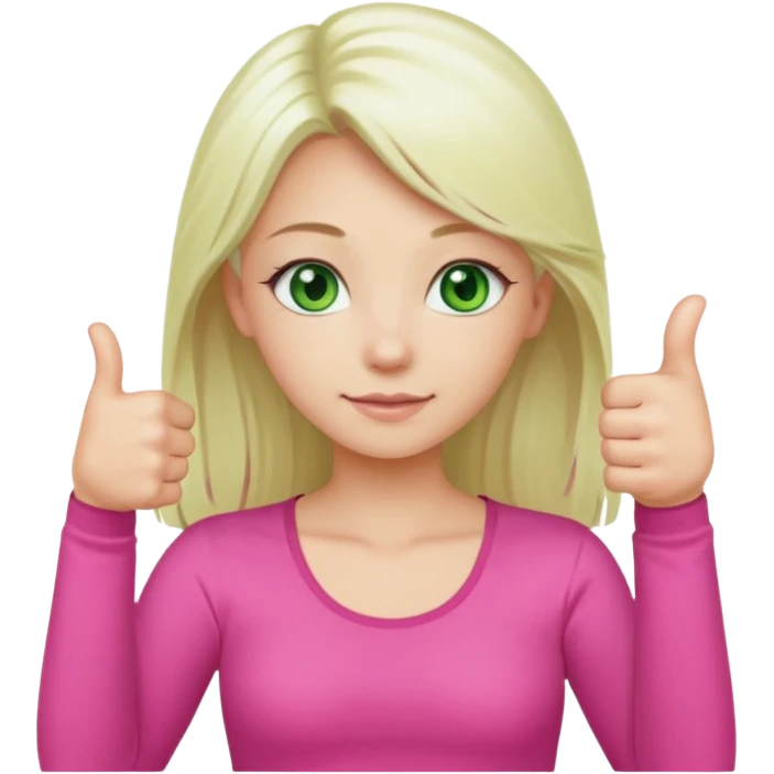 Long platinum blonde hair girl with green eyes in  pink top showing a thumbs up emoji