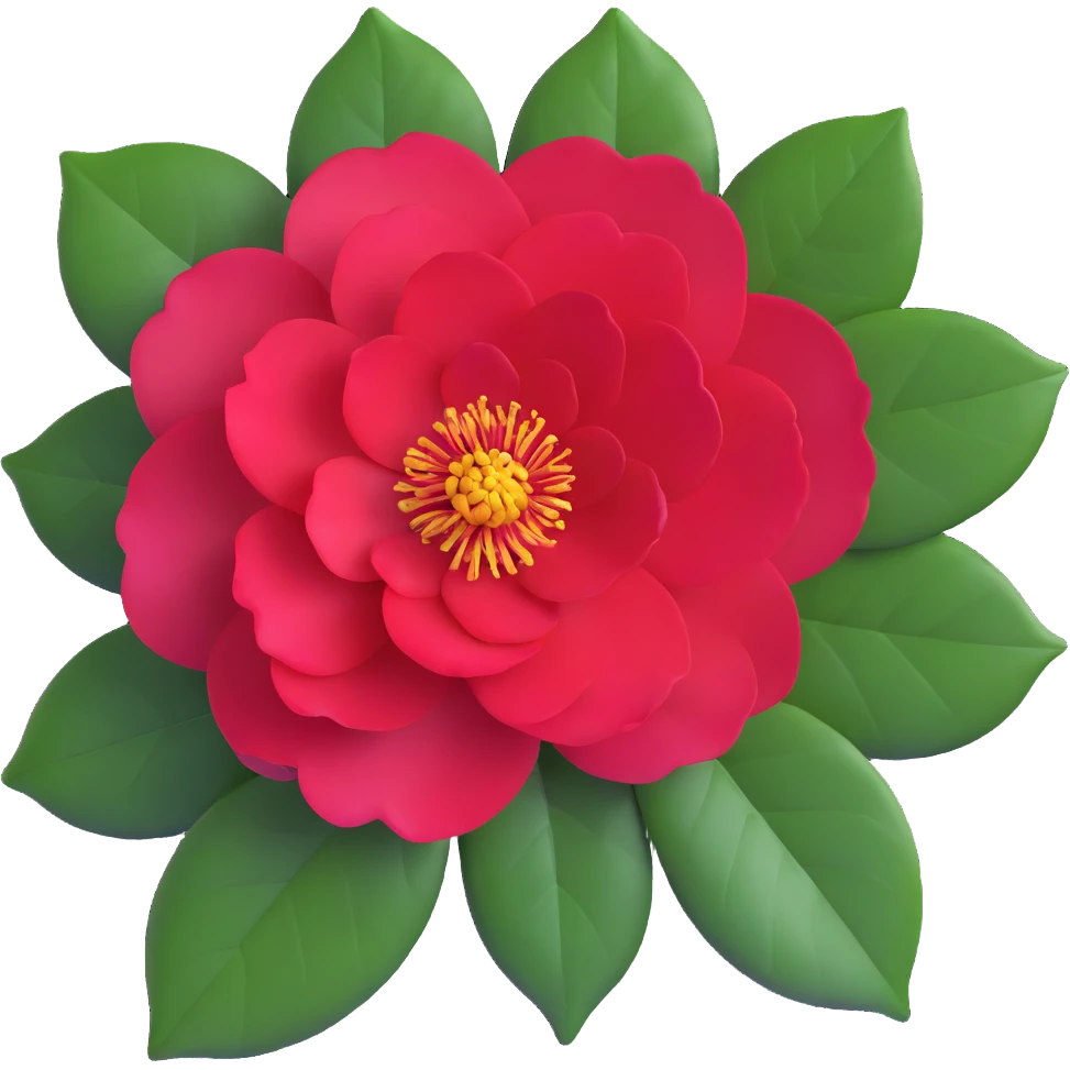 Detailed camellia bloom with formal double form, perfect spiral arrangement of overlapping deep red petals and characteristic glossy oval leaves with fine serrated edges emoji