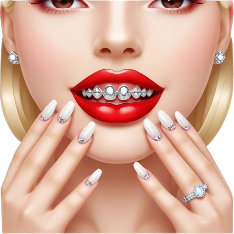Glossy, bright red lips slightly parted. Inside, sparkling braces adorned with diamonds. A playful tongue touching the teeth. A long, elegant fingernail with a soft white shade. Highlights and reflections on the lips and teeth create a luxurious effect. emoji