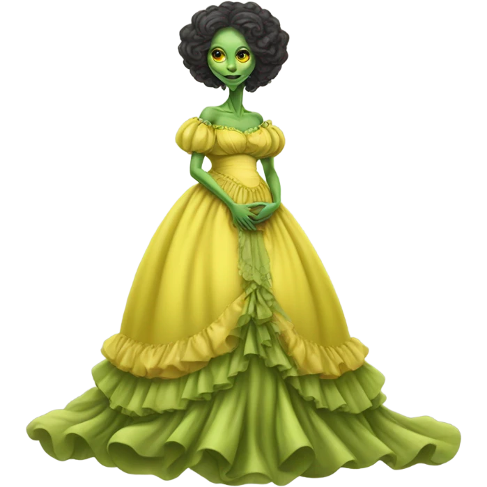 Pregnant green alien woman, full body, in victorian jellow elegant dress emoji