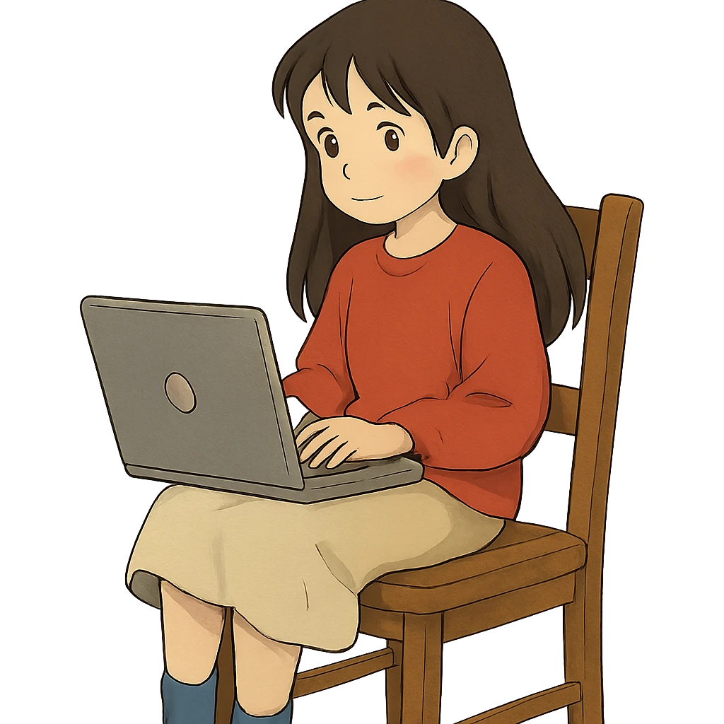 girl with long dark hair using a laptop on a chair emoji