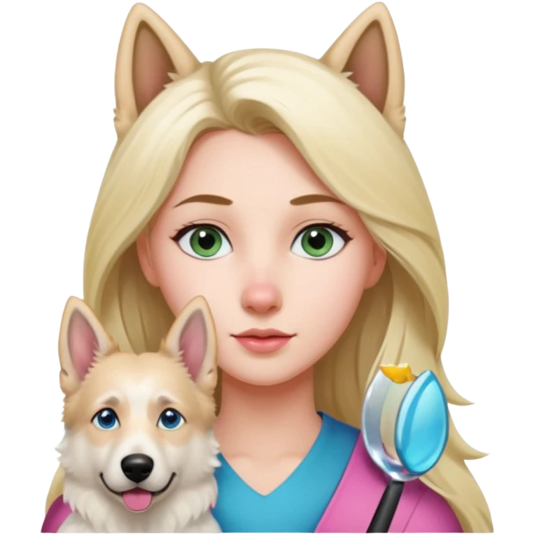White European young woman with blue-green eyes and long blond hair with her white German Shepherd dog,the Dog has a pink nose and short fur  and Brown eyes emoji