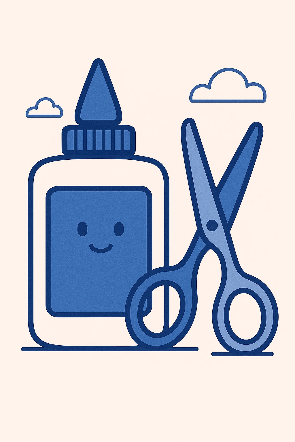 a glue bottle and scissors, flat blue illustration style emoji