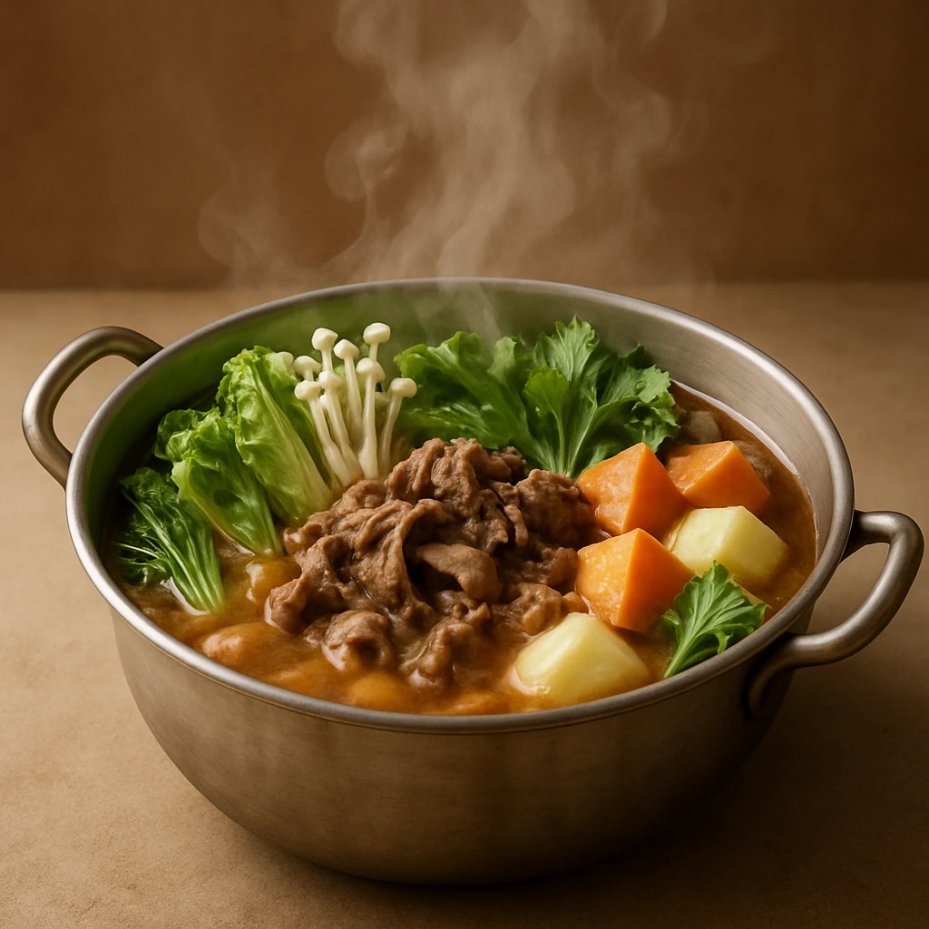 a hotpot, steaming, with vegetables and meat, in a round pot, appetizing, simple background emoji