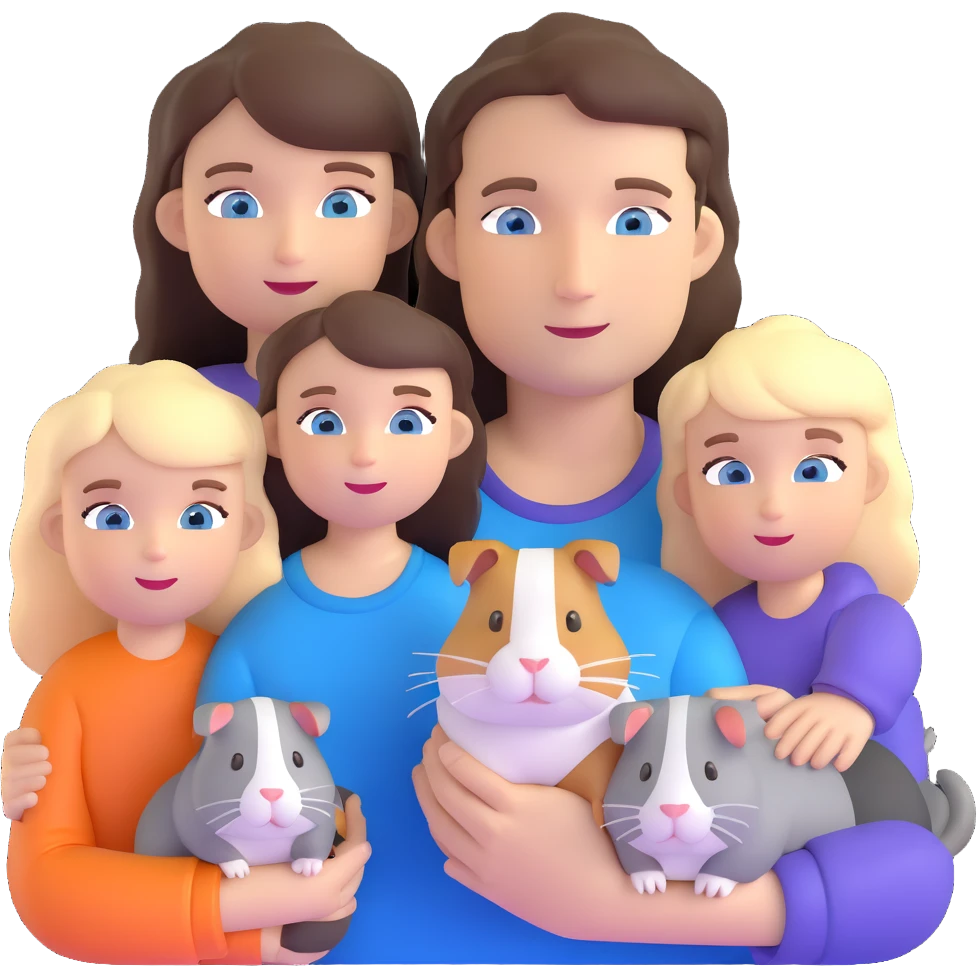 Family portrait with father with dark brown hair and blue eyes, mother with light brown hair and blue eyes, three blonde little girls with blue eyes, plus a grey cat and two guinea pigs emoji