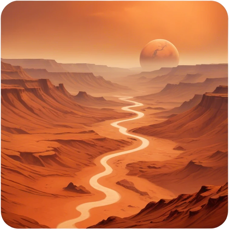 Cinematic Realistic Mars, portrayed with rugged, rust-colored landscapes, deep canyons, and swirling dust storms rendered with lifelike texture and an orange-hued glow that evokes the enigmatic allure of the Red Planet. emoji