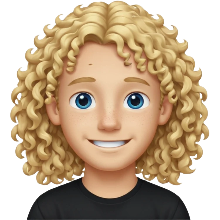 blonde boy with long curly hair past his ears, smiling, wearing a black shirt with freckles and blue eyes emoji