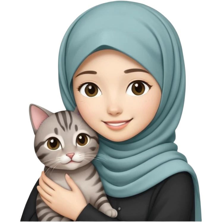 Asian white girl wearing cute hijab holding a black grey tabby cat while smiling emoji