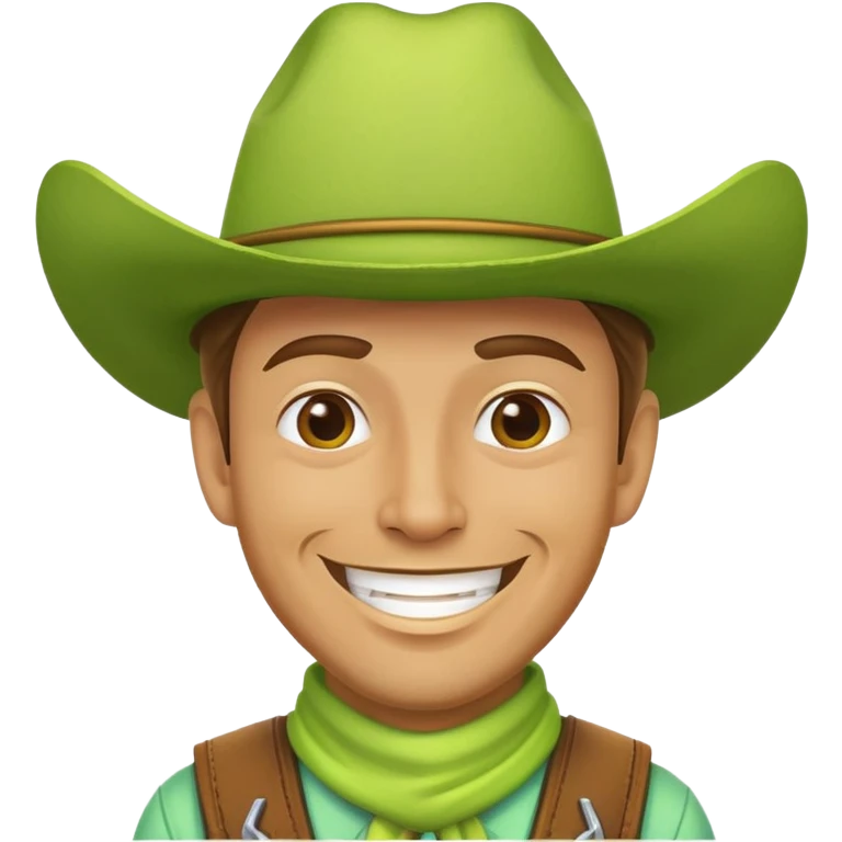 Cowboy face with a large lime green hat and a grin emoji