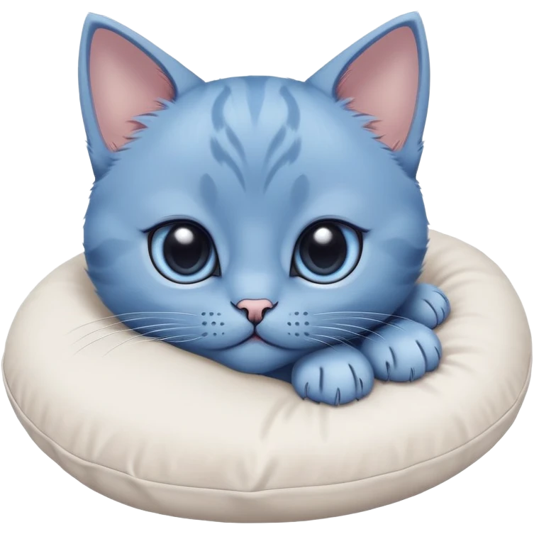 The head of a blue kitten with large eyes, resting on its big paws. The paws are placed on a pillow. Minimalist design with no detailed features, focusing on the kitten's adorable face and large paws emoji