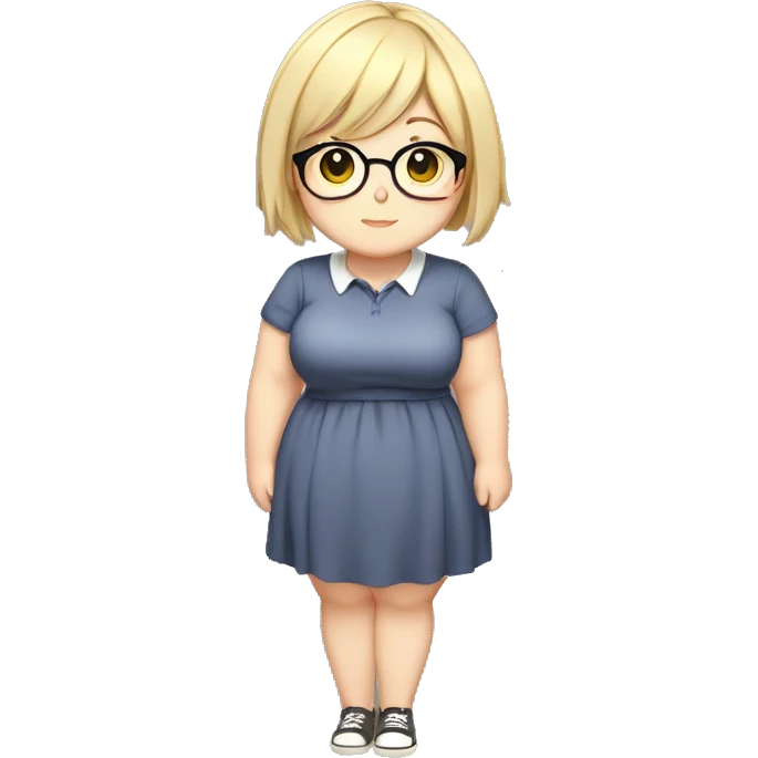 Chubby anime girl with glasses and short blond hair, full body wearing cute dress emoji