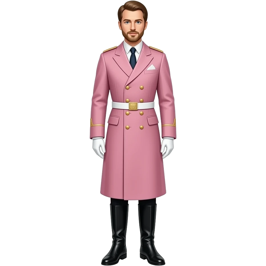 Fashion inspired British royal guard, isolated, centered, no background, tailored blush pink ceremonial coat, gold buttons, elegant London luxury aesthetic emoji