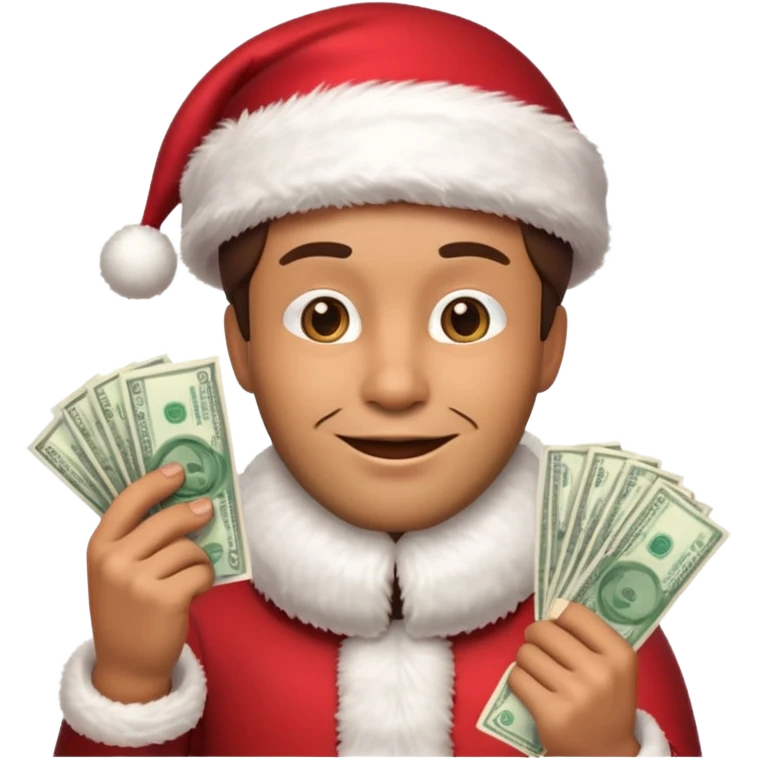 A confident rich emoji face wearing a Santa hat, money stacks, casino vibe, New Year theme, premium 3D emoji style, sharp details, no text, isolated on transparent background emoji