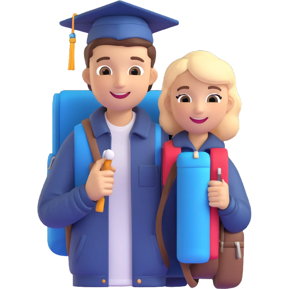 memoji of a college student, smiling, casual clothes, holding a backpack, friendly expression, wearing a graduation cap emoji