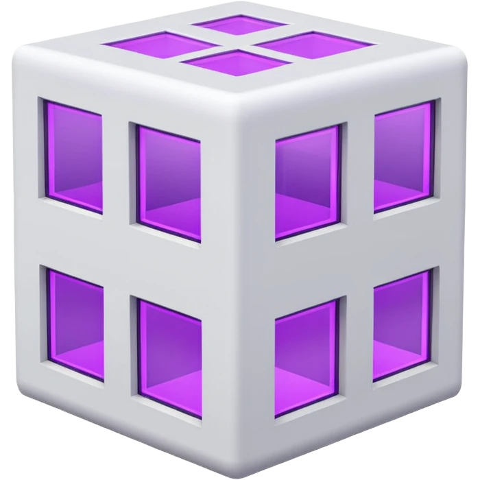 Сделай русскую панельку белого цвета. Она должна быть в виде куба, а также с окнами 3 на 3 на каждом фасаде. Некоторые окна неоново-фиолетовые. emoji