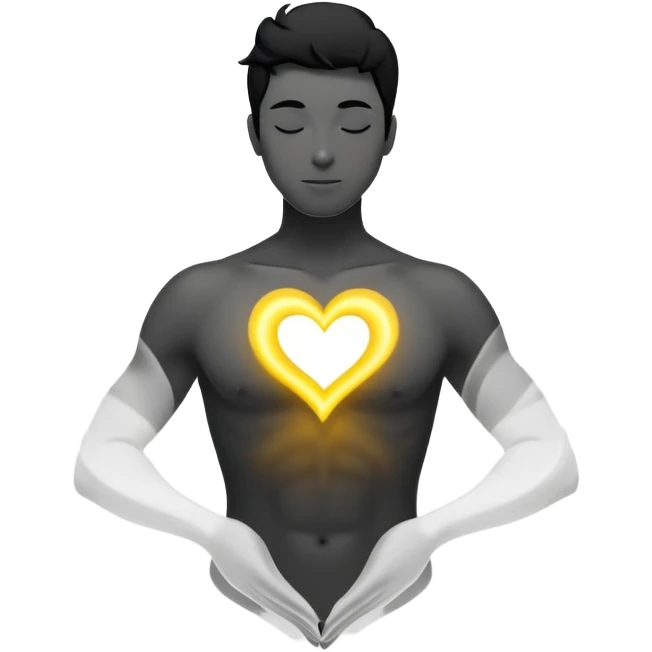 minimalist b&w male silhouette with flowing black-and-white curves across the lower body, now overlaid with a small, softly glowing spark or radiant light near the chest or head — heart symbolizing inspiration, inner fire, and creative energy awakening” yellow glow emoji