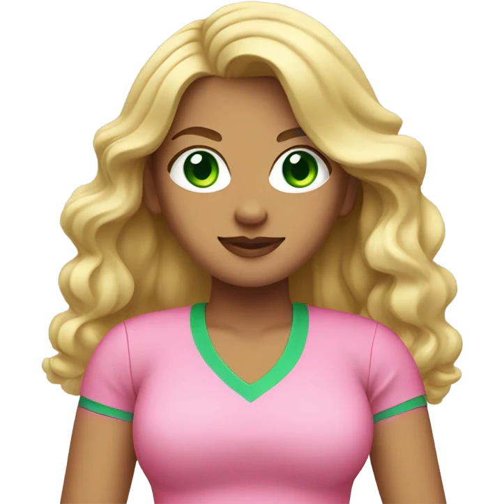 woman with green eyes long wavy blonde hair and big boobs pink shirt and tennis skirt emoji