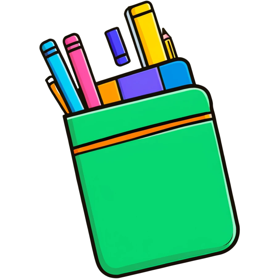 Cute school supplies including colorful pencil case, notebook, pens, and markers emoji