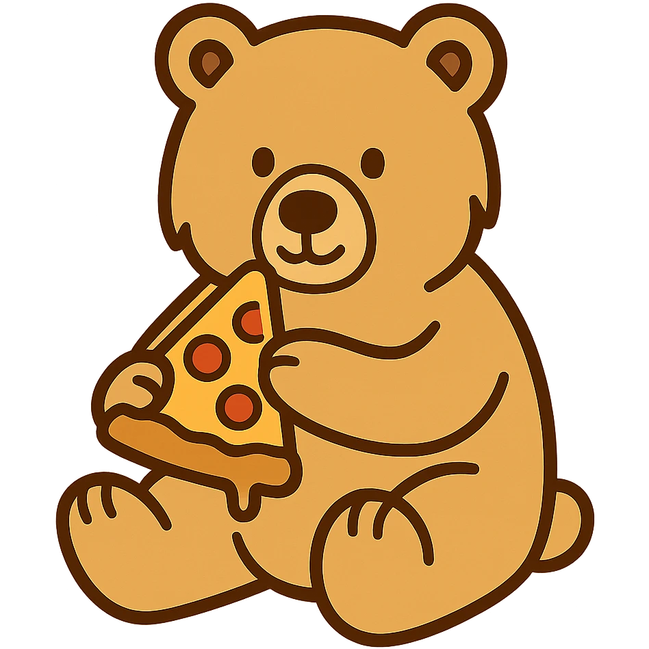 flat toon style blonde grizzly bear sitting, full body, holding a slice of cheese pizza emoji