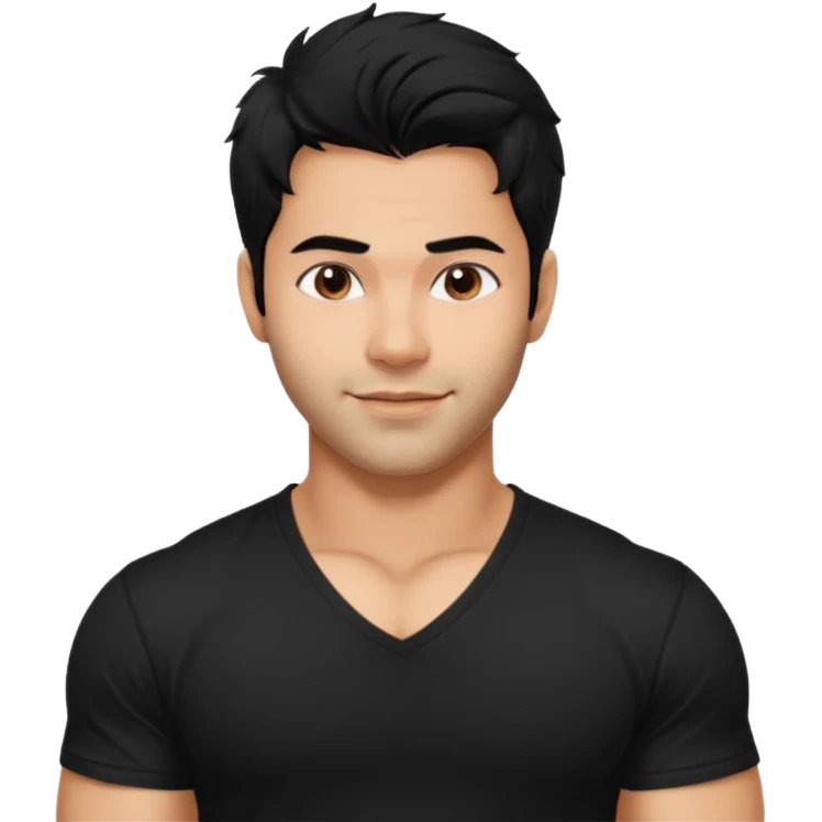 generate a pretty bratz Varun Dhawan with 
Make him wear a black v neck tshirt. muscular but still lean, smirking
He shoudl look exactly like VArun DHawan.  messy black hair emoji