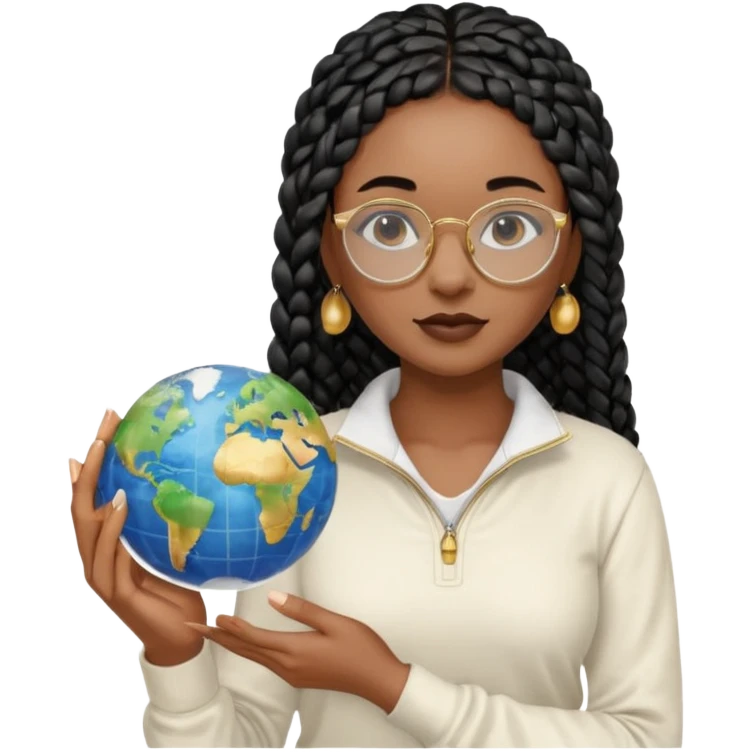 a young woman wearing fine gold round glasses and black hair in several box braids, no earrings, she has light black skin, and she's wearing a white shirt with a black quarterzip. She's holding a globe in one hand emoji