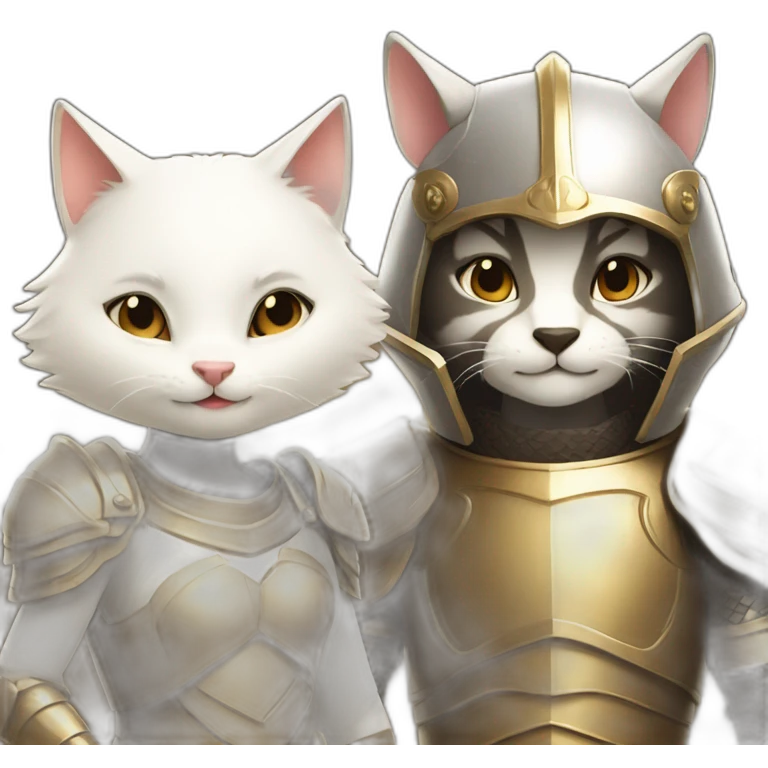 a smiling badger and a white female cat wearing a golden light armour also smiling emoji