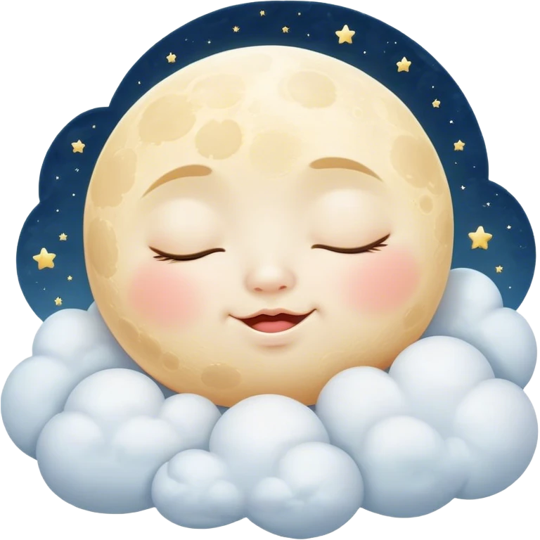 Cinematic adorable moon with a sleepy face, round and chubby, soft glowing light, tiny rosy cheeks, resting on a bed of fluffy clouds, dreamy and peaceful. emoji