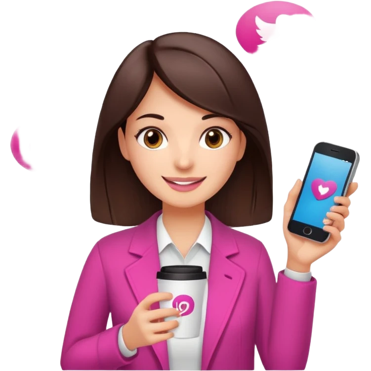 Social media manager. She has dark brown hair, brown eyes, a friendly smile. She is holding a smartphone and a coffee cup. Include subtle marketing elements like small icons of hashtags or a speech bubble, instagram logo. Use vibrant colors with a focus on pink and fuchsia tones. emoji