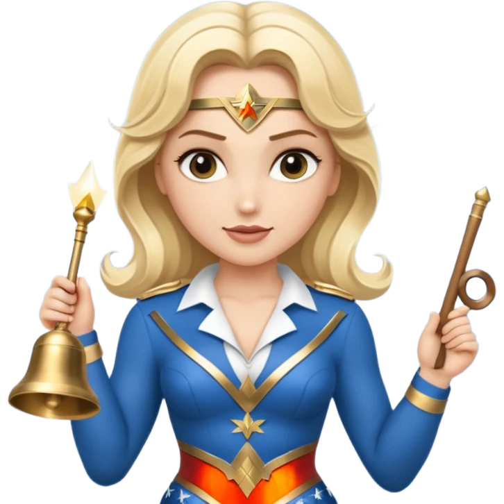 Blonde Wonder Woman holding bell and short white orchestra conductor’s baton  emoji