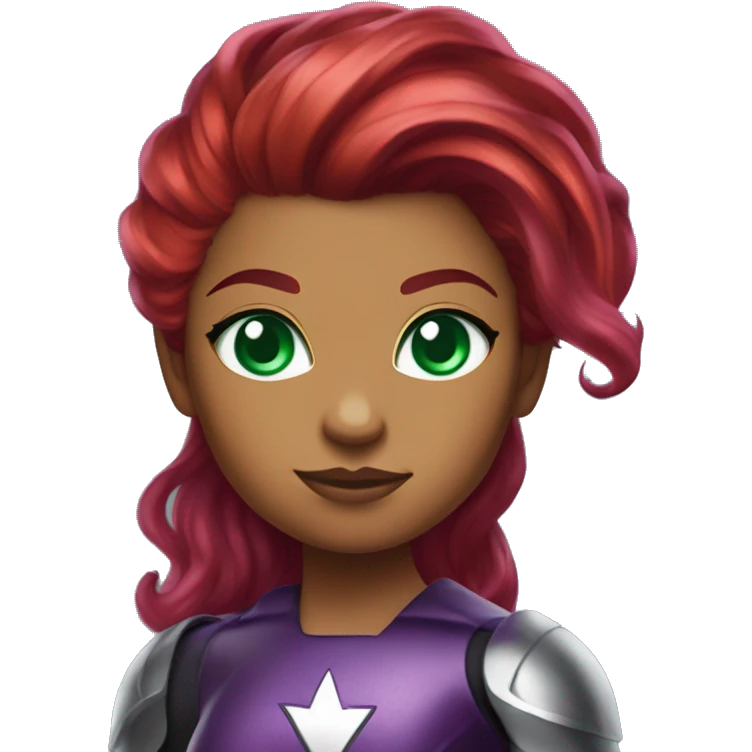 dc comics starfire firey red hair; purple silver outfit; emerald green eyes emoji